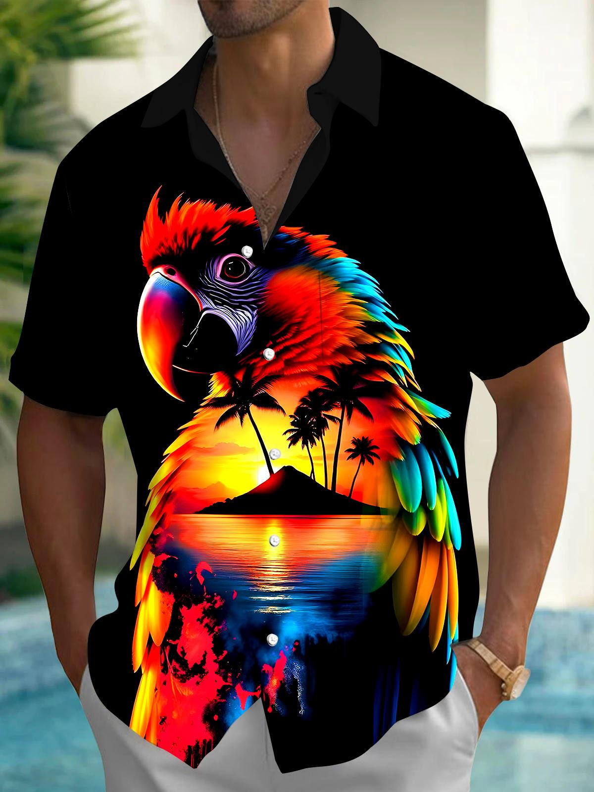 Parrot Coconut Tree Sunset Men's Pocket Short Sleeve Shirts