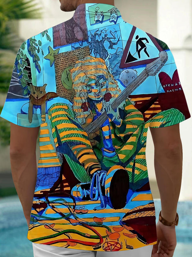 Men's art print pocket short sleeve shirt back view