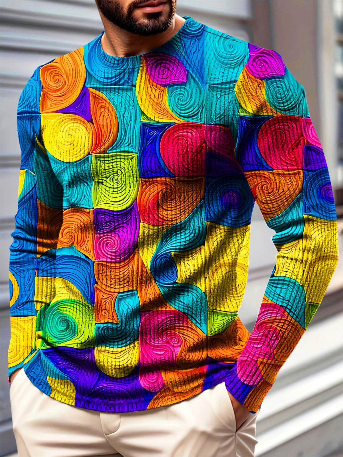 Colorful Irregular Geometry Men's Long Sleeve Round Neck Tops