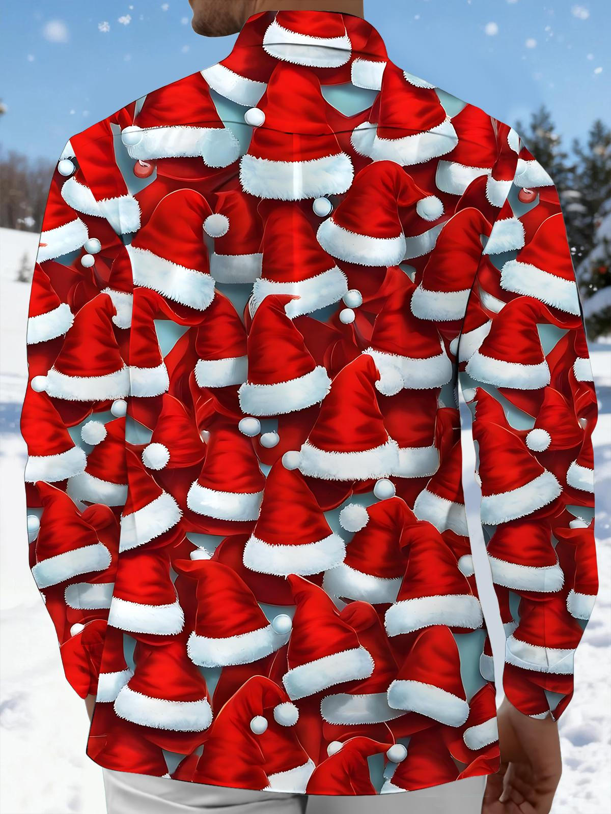 Christmas Hat Print Men's Pocket Long Sleeve Shirts