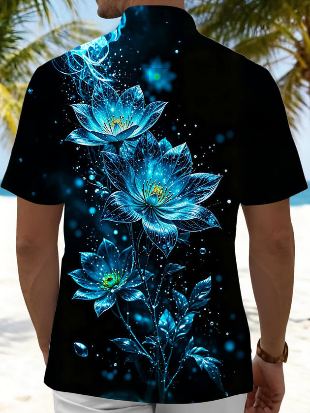 Luminous Blue Lotus Floral Men's Pocket Short Sleeve Shirts
