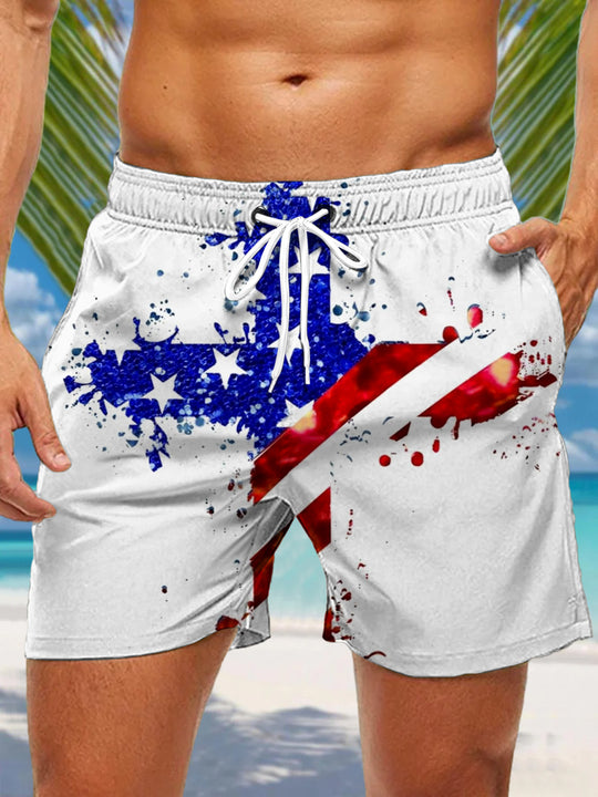 Men's American Flag Print Casual Shorts Front View Independence Day