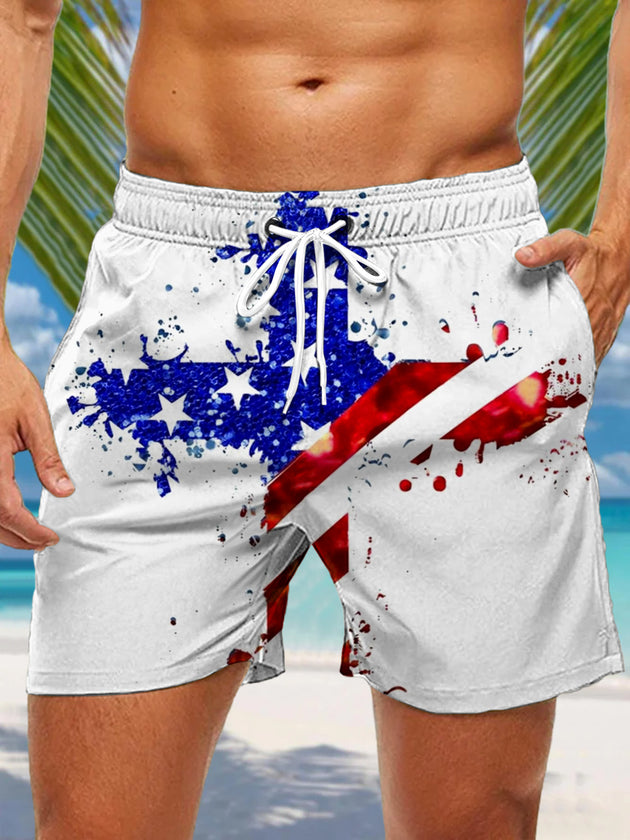 Men's American Flag Print Casual Shorts Front View Independence Day