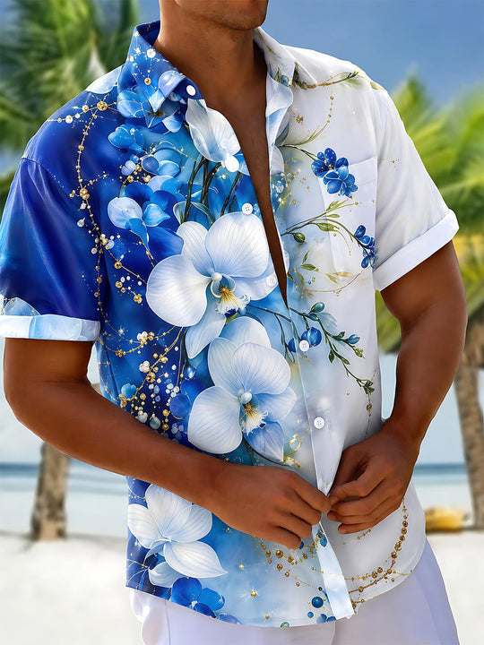 Blue White Gradient Orchid Floral Men's Pocket Short Sleeve Shirts