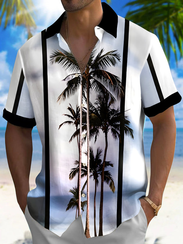 Men's Hawaiian coconut tree short sleeve shirt front view for tropical beach vacation