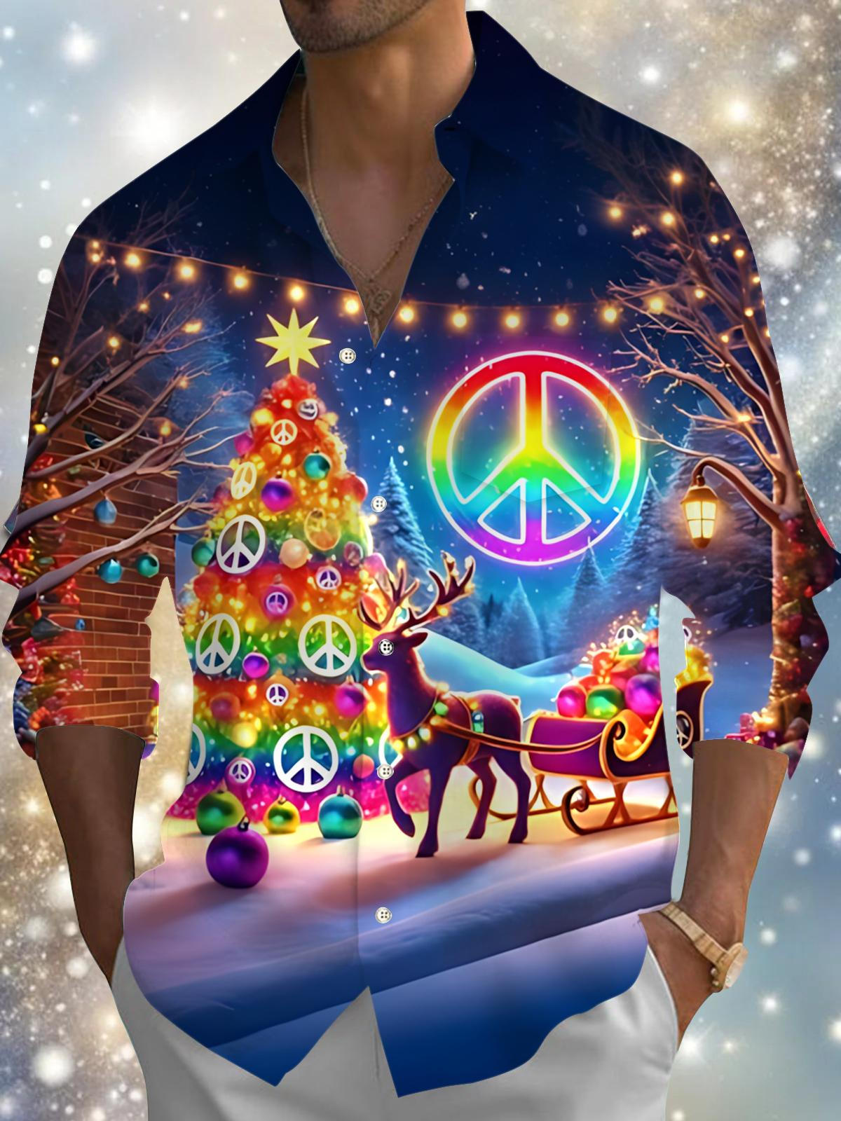 Peace Sign Christmas Tree Print Men's Pocket Long Sleeve Shirts