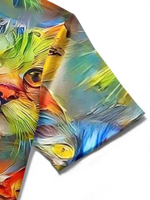 men's cat print shirt close-up short sleeve