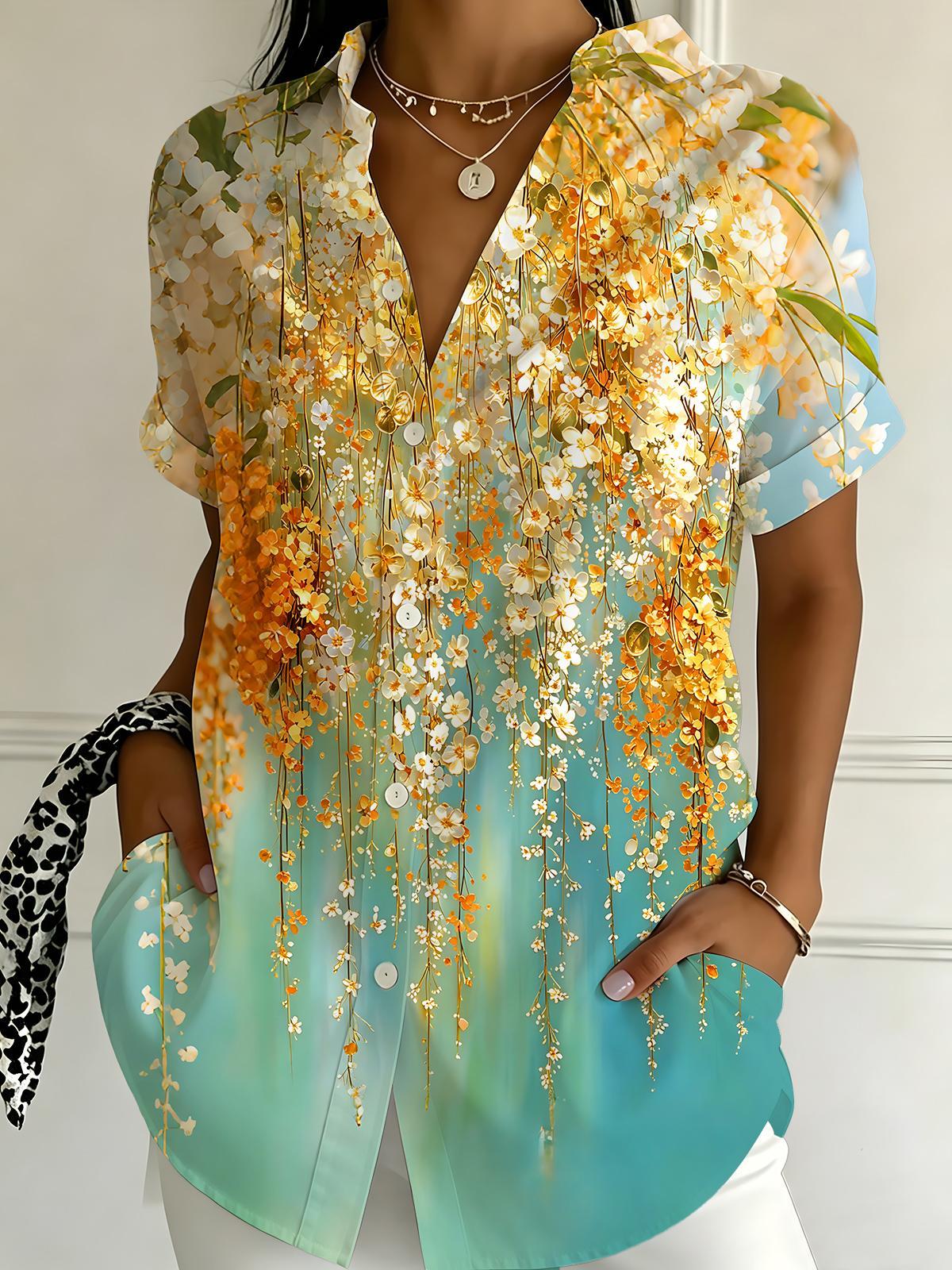 Art Gradient Draping Floral Women's Short Sleeve Shirts