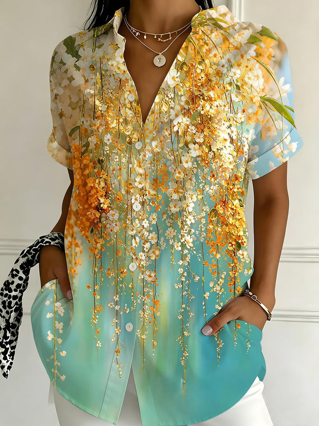 Art Gradient Draping Floral Women's Short Sleeve Shirts