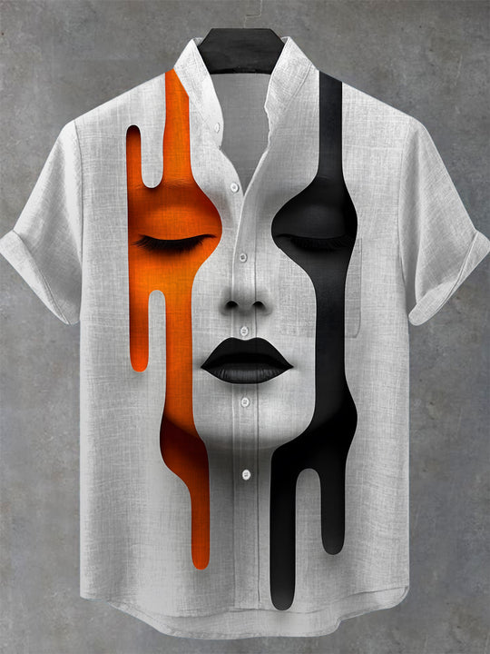 Men's short sleeve stand collar shirt with face art print, front view