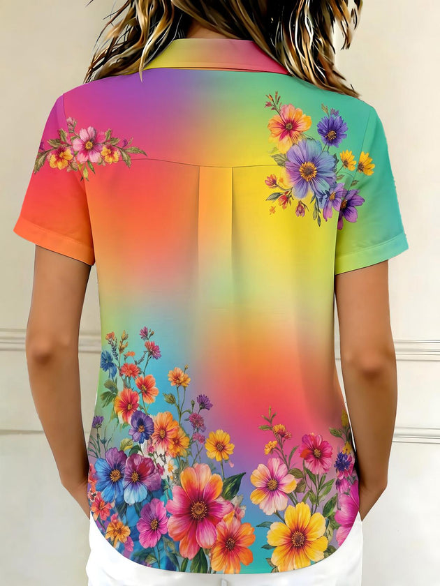 Gradient Colorful Floral Women's Short Sleeve Shirts