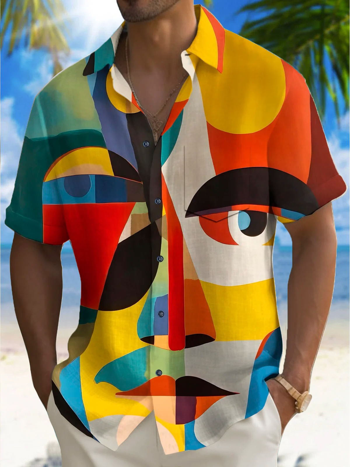 Abstract Face Art Print Men's Pocket Short Sleeve Shirts