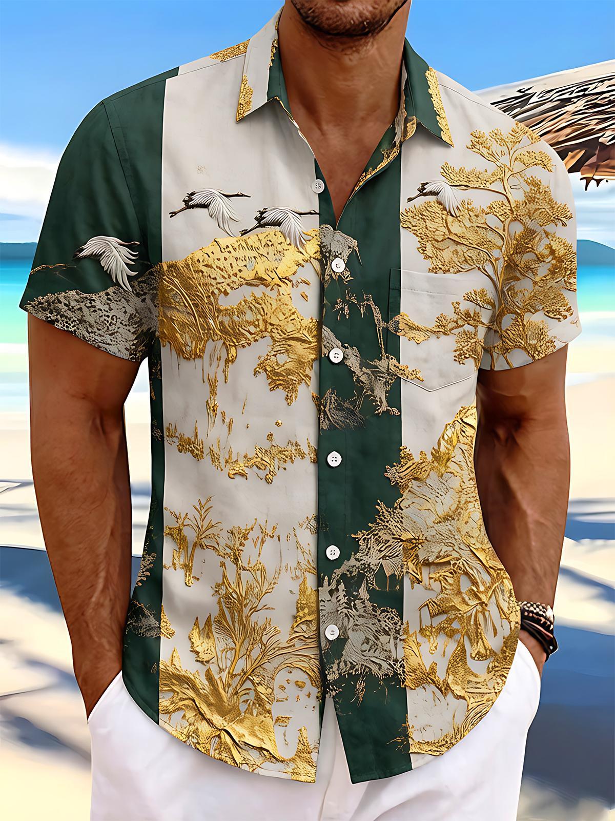 Art Gilded Pine Crane Mountain Landscape Color Block Men's Pocket Short Sleeve Shirts