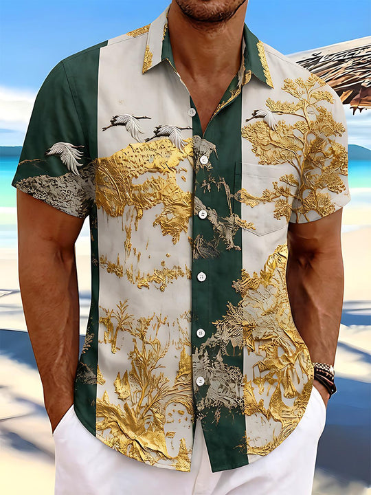 Art Gilded Pine Crane Mountain Landscape Color Block Men's Pocket Short Sleeve Shirts