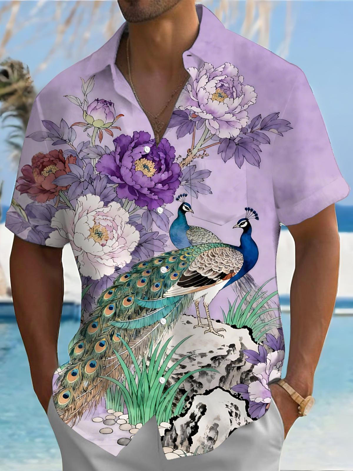 Peacock Flower Print Men's Pocket Short Sleeve Shirts
