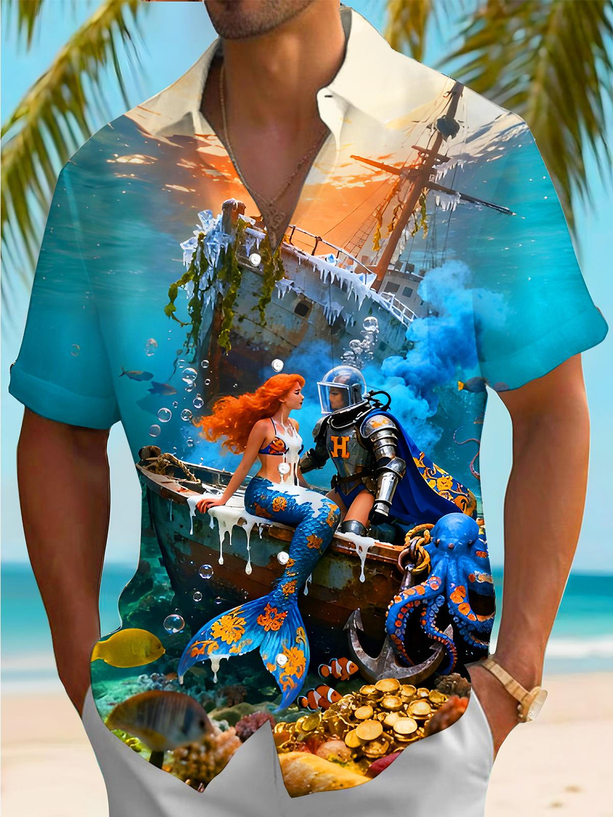 Funny Mermaid Octopus Boat Marine Life Men's Pocket Short Sleeve Shirts