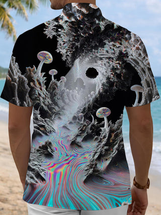 Men's fantasy mushroom print short sleeve shirt back view