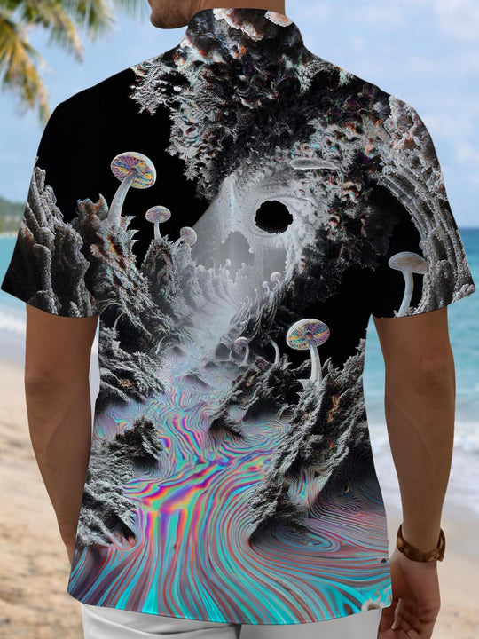 Men's fantasy mushroom print short sleeve shirt back view