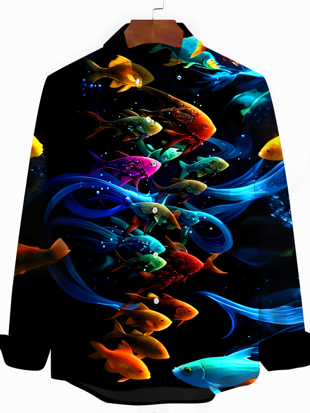 Men's Hawaiian fish print long sleeve shirt front view for tropical beach vacation