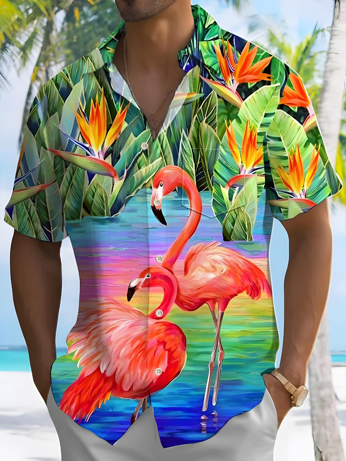 Plant Flamingo Print Men's Pocket Short Sleeve Shirts