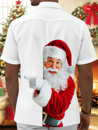 Men's red Santa print short sleeve Cuban collar shirt back view
