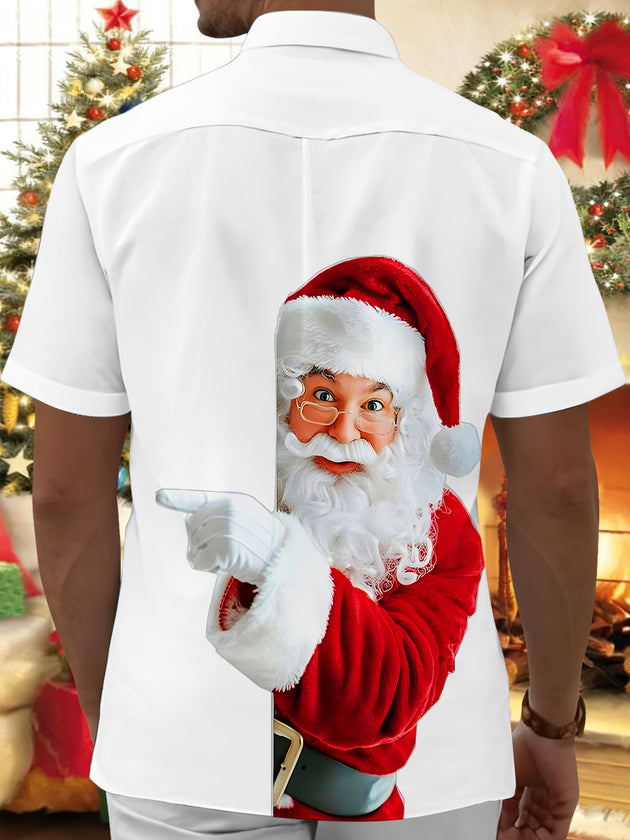 Men's red Santa print short sleeve Cuban collar shirt back view