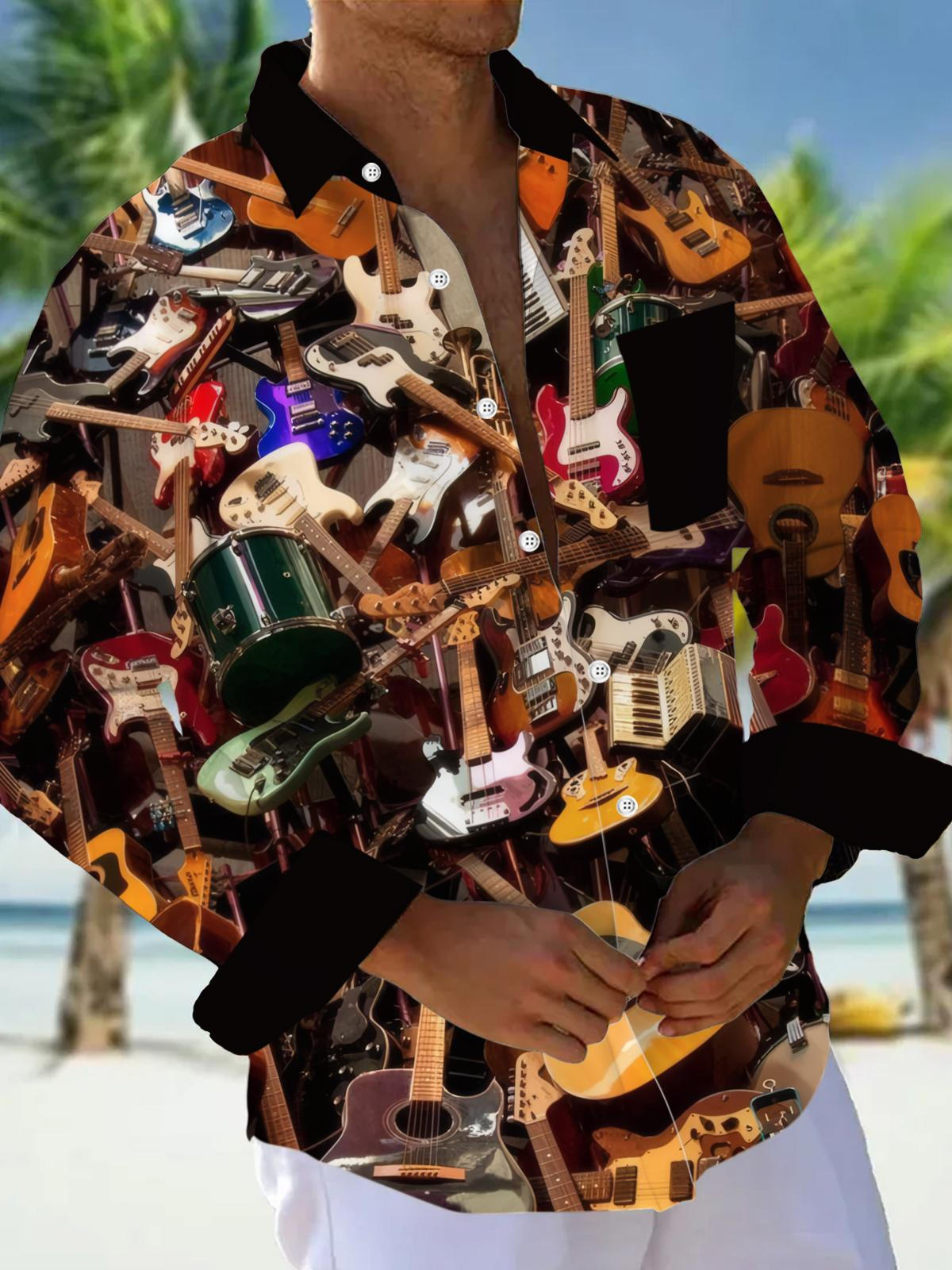 Musical Instruments Guitar Print Men's Pocket Long Sleeve Shirts