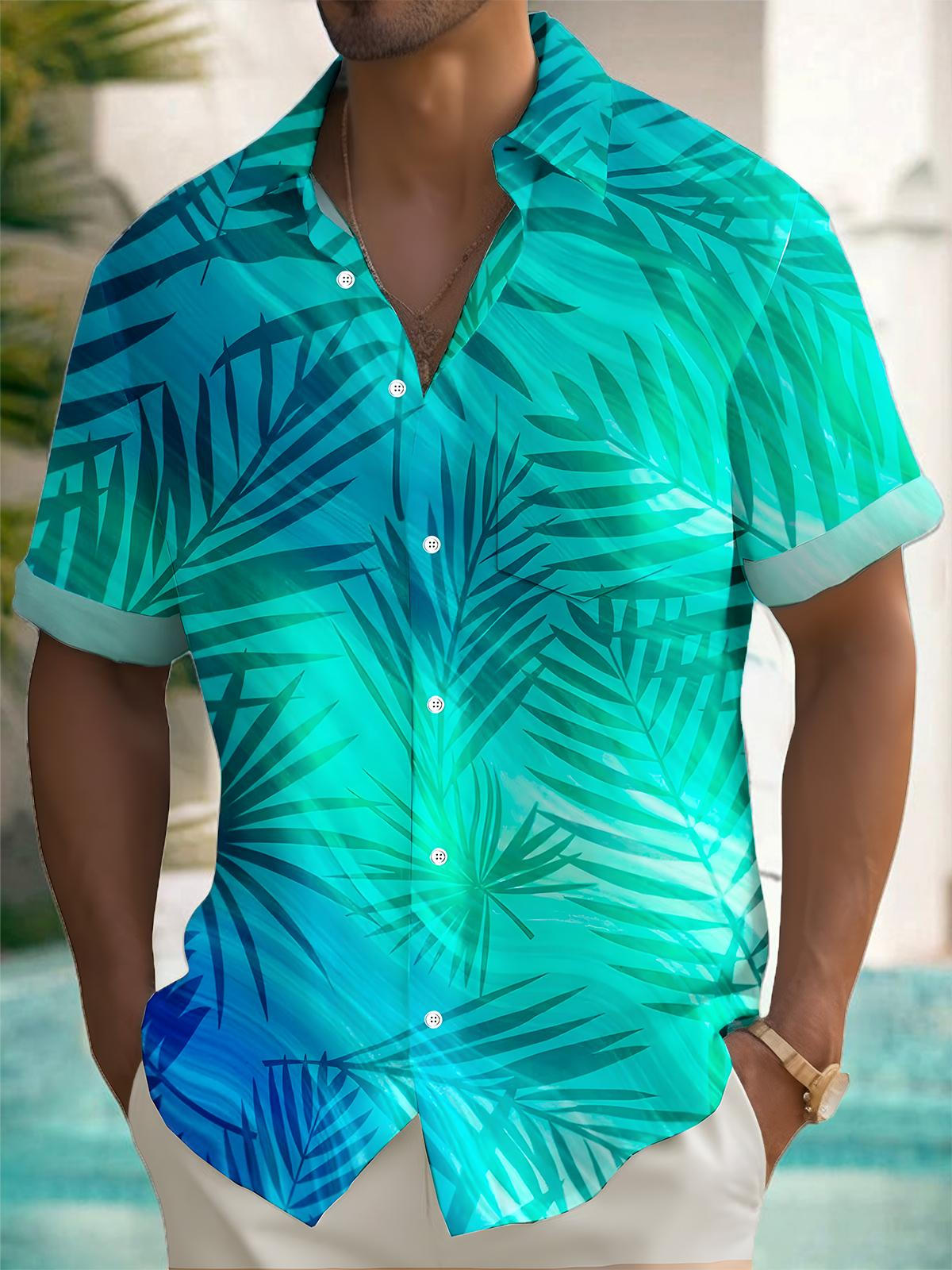 Hawaiian Gradient Leaf Print Men's Pocket Short Sleeve Shirts