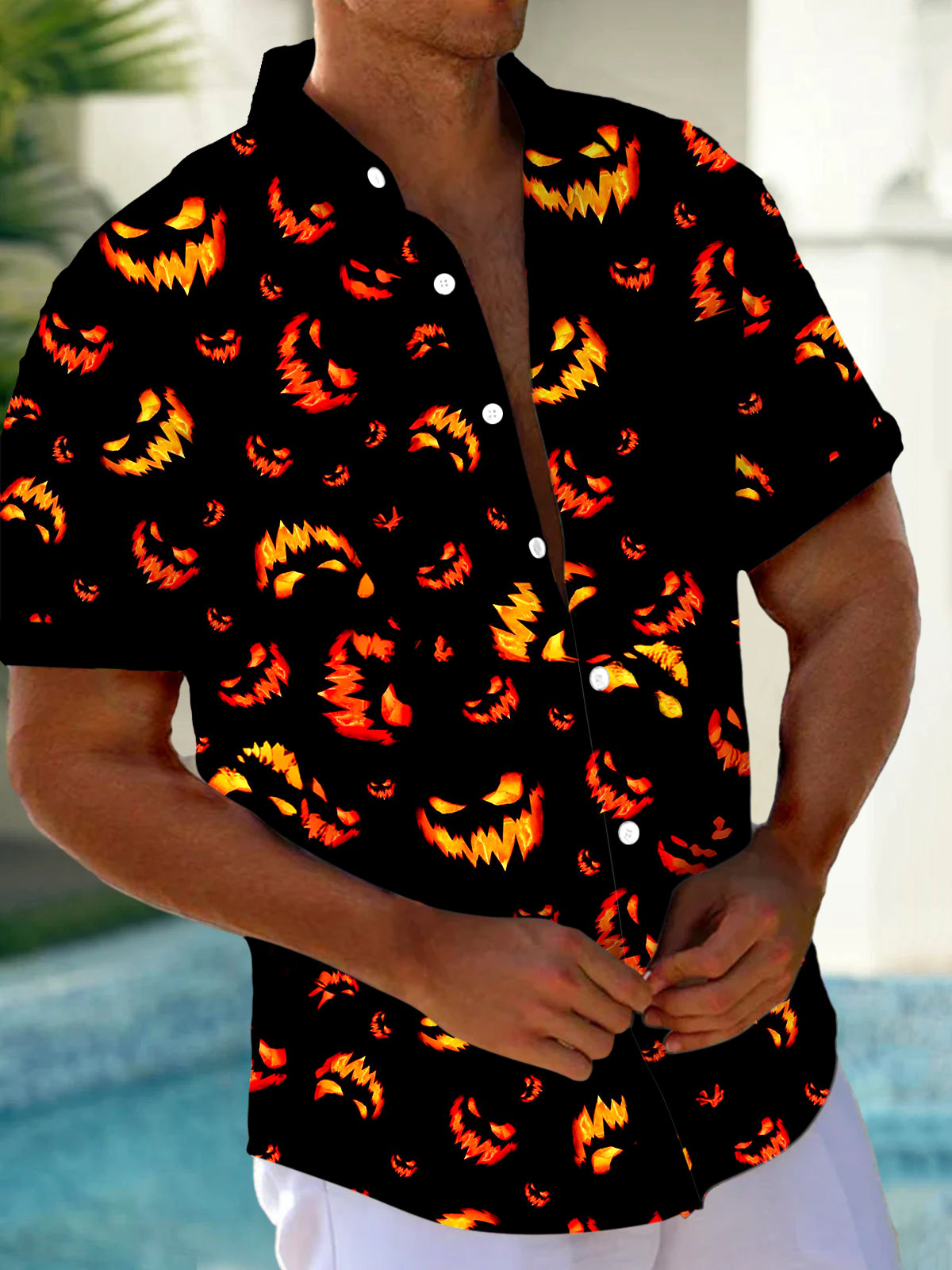 Halloween Pumpkin Men's Pocket Short Sleeve Shirts