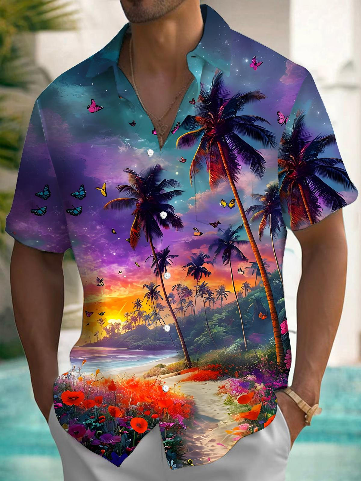 Hawaiian Beach Coconut Tree Print Men's Pocket Short Sleeve Shirts