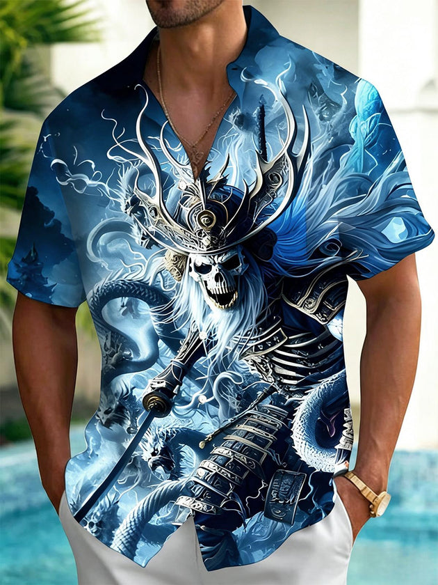 Dark Blue Skeleton Skull Samurai And Dragon Men's Pocket Short Sleeve Shirts