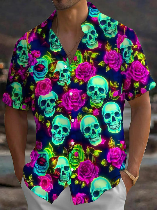 Dark Neon Fluorescent Skull Rose Flower Men's Pocket Short Sleeve Shirts