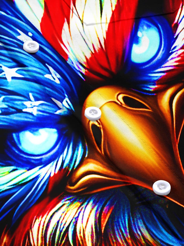 Men's dark eagle and American flag burst pattern pocket short sleeve shirt flat lay