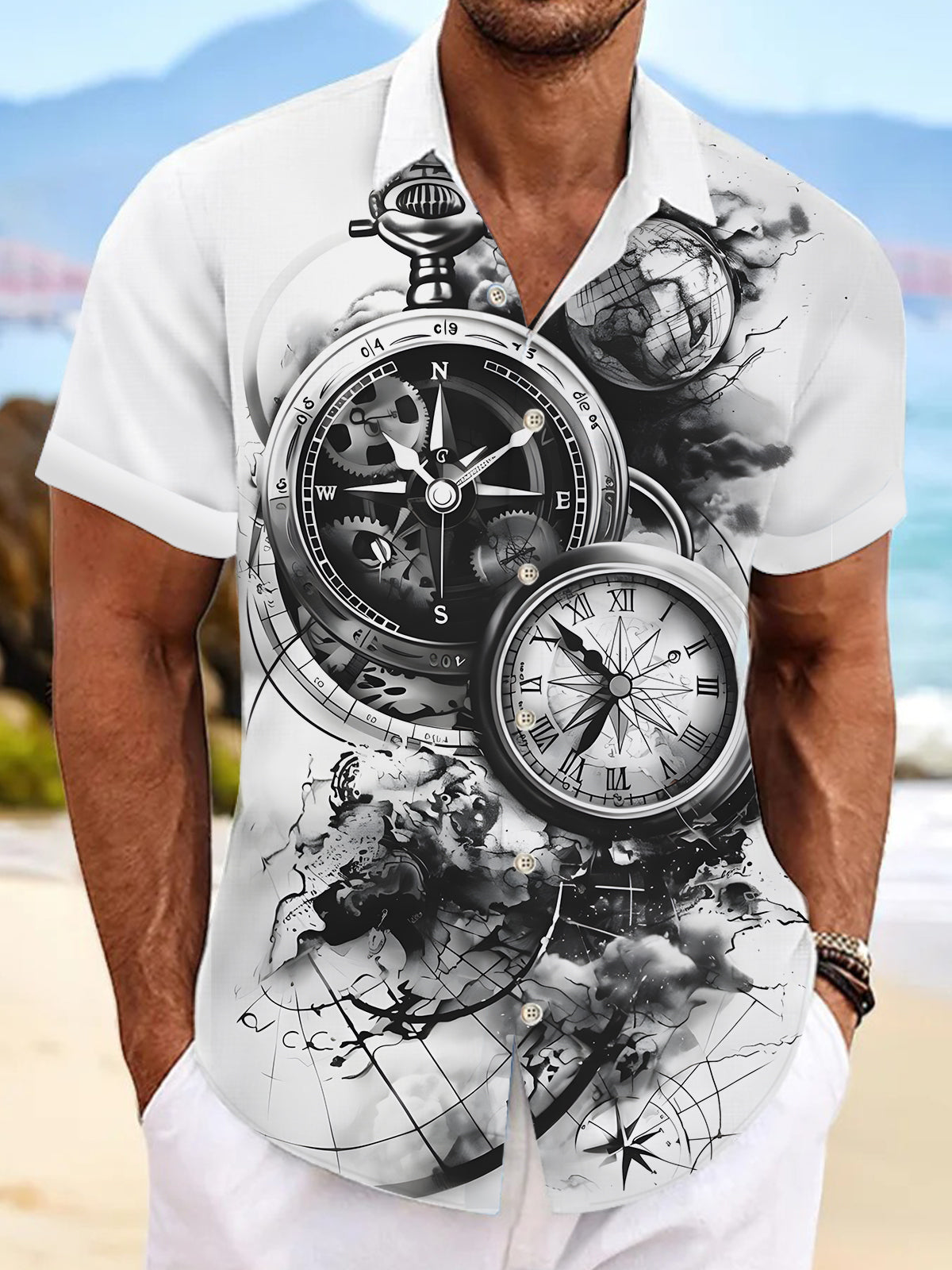 Compass Print Men's Pocket Short Sleeve Shirts