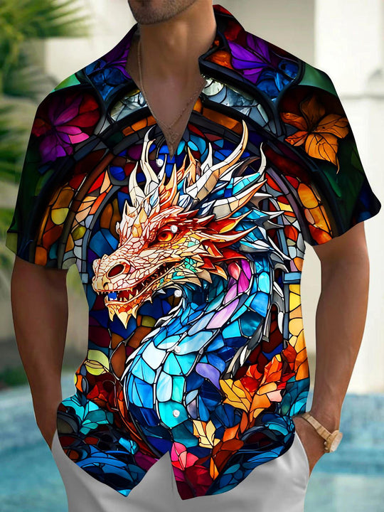 men's colorful dragon print shirt front view