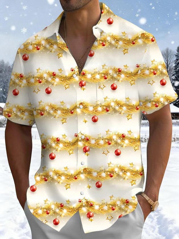 Men's red Christmas print short sleeve shirt front view for holiday party