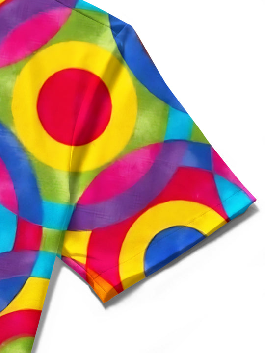 Men's geometric print short sleeve shirt detail close-up highlighting fabric texture