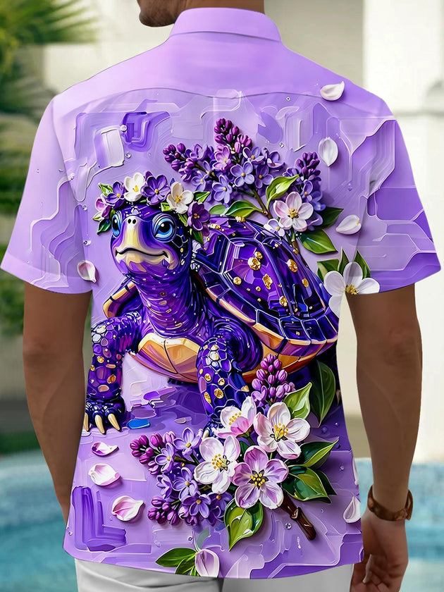 Hawaiian Sea Turtle Floral Men's Pocket Short Sleeve Shirts