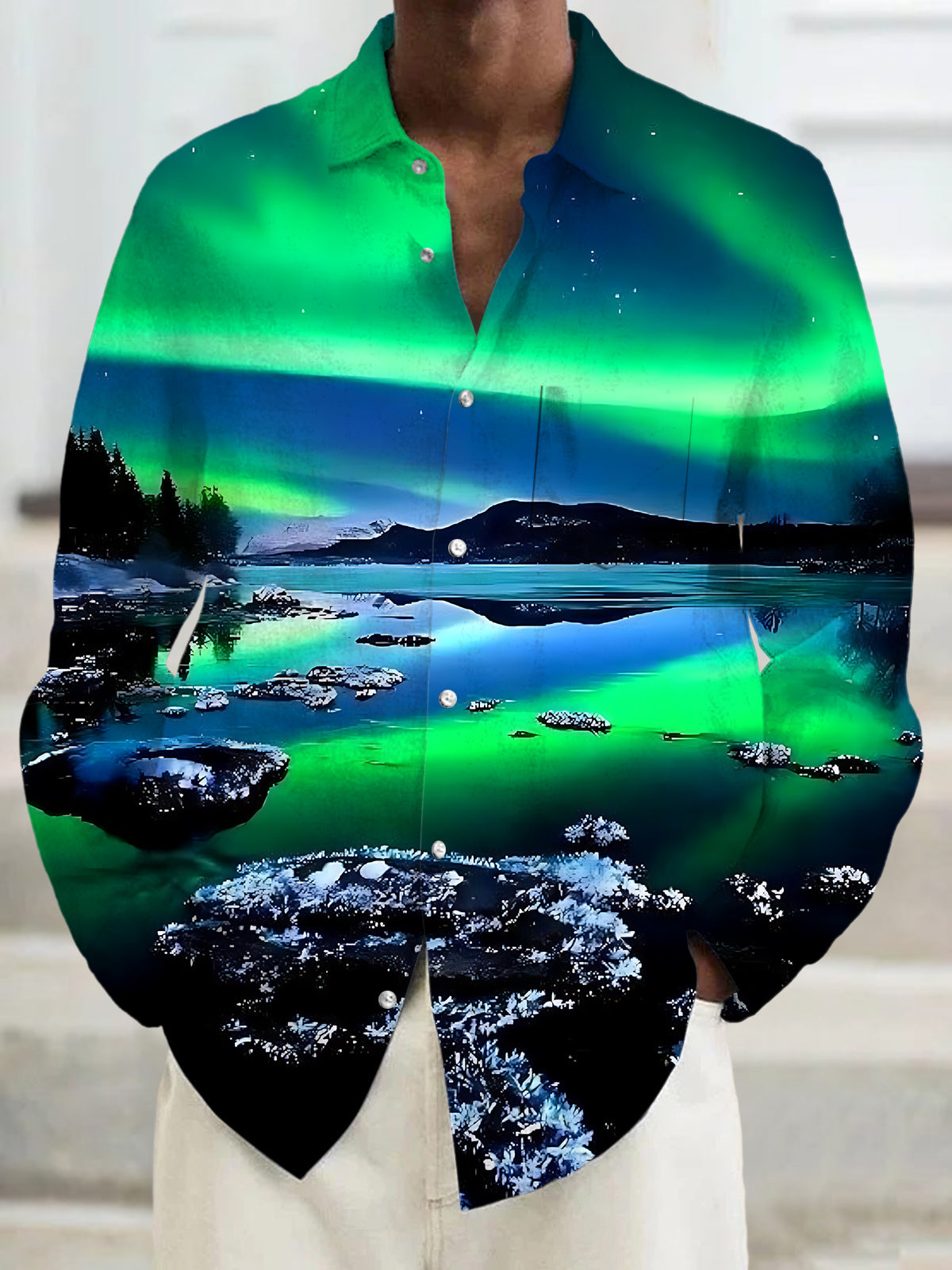 Northern Lights Landscape Print Men's Pocket Long Sleeve Shirts