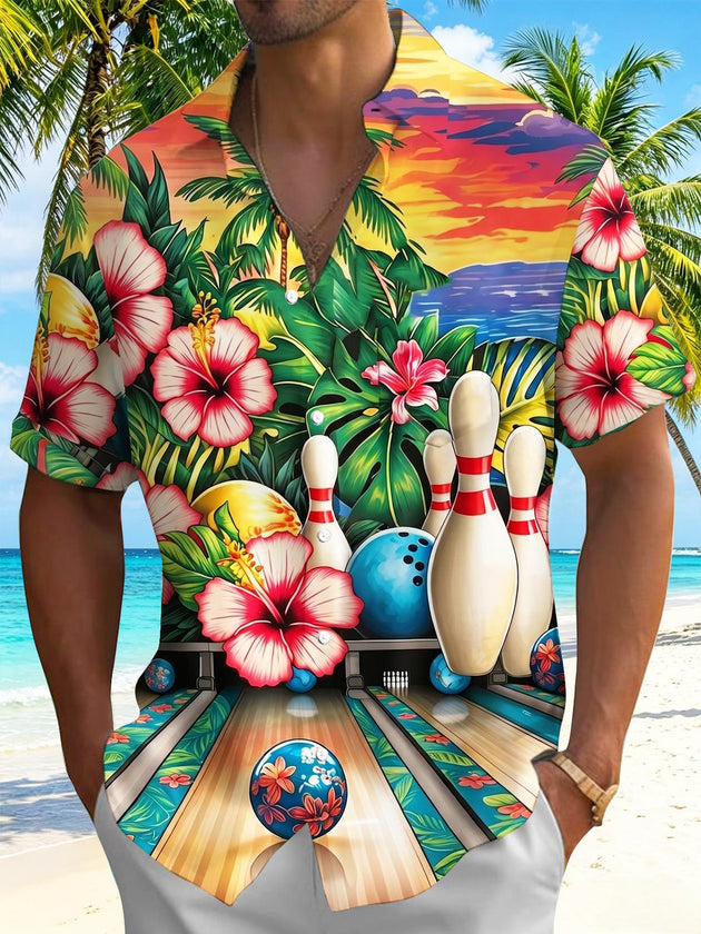 Hawaiian Tropical Floral Bowling Men's Pocket Short Sleeve Shirts