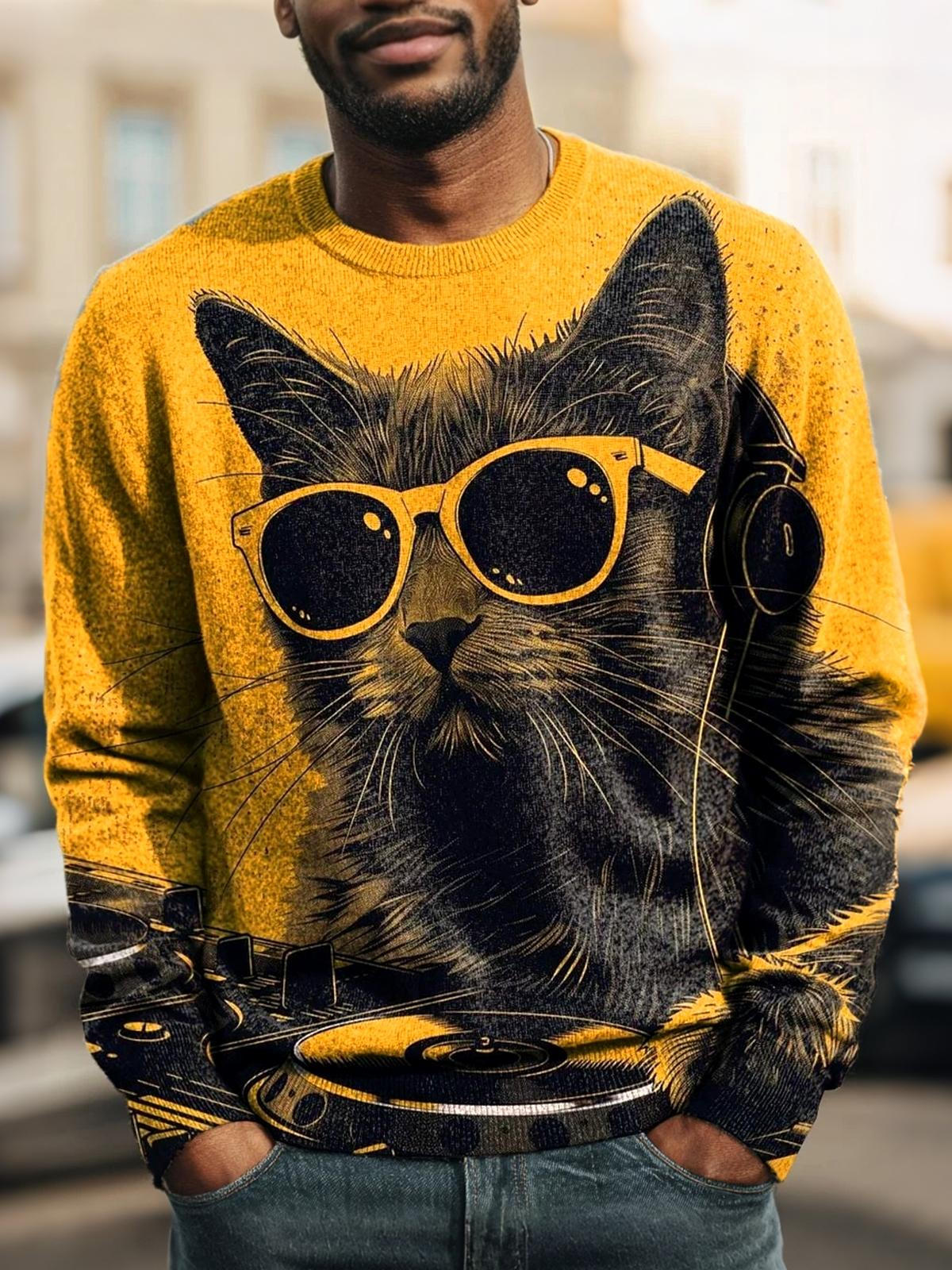 Funny Cat Men's Long Sleeve Round Neck Tops