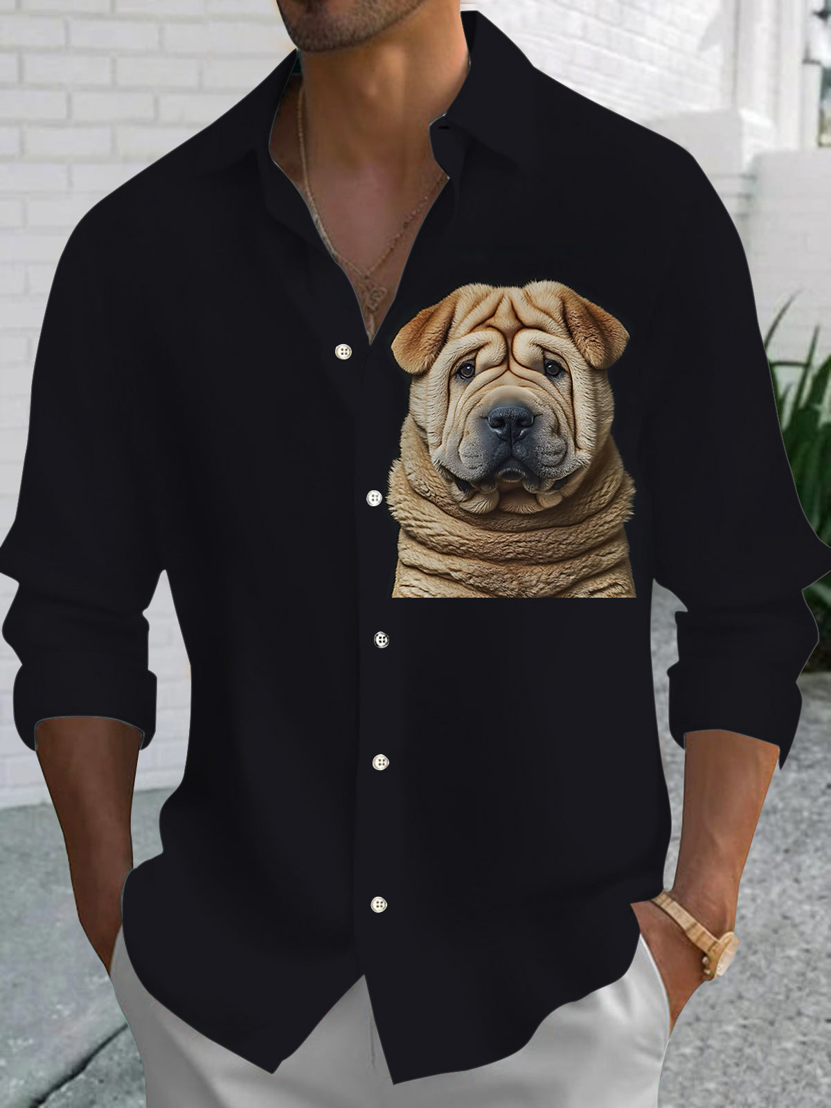 Puppy Print Men's Pocket Long Sleeve Shirts