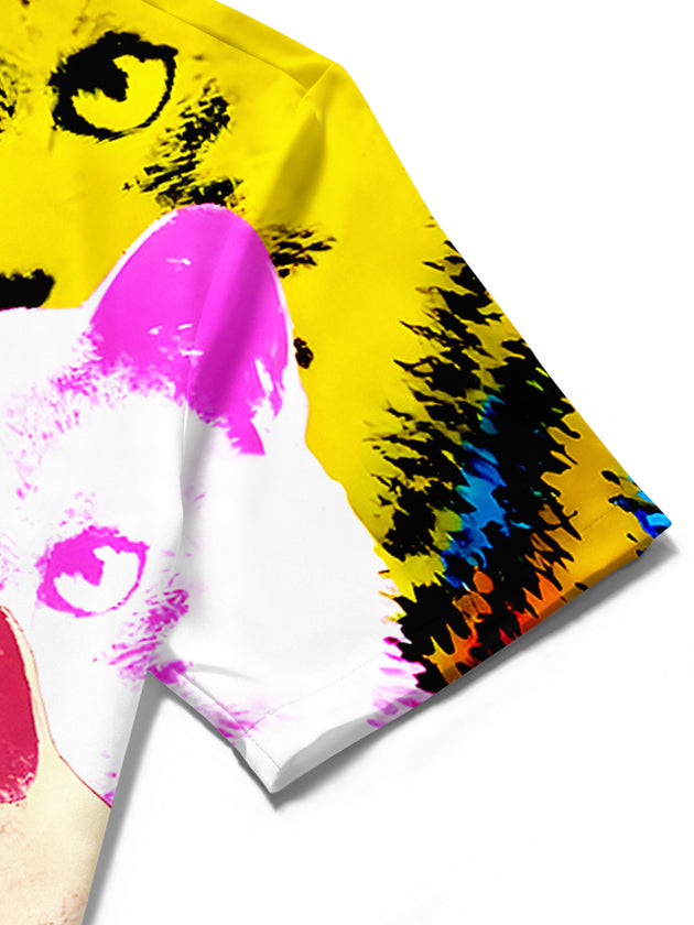 men's cat print shirt close-up short sleeve