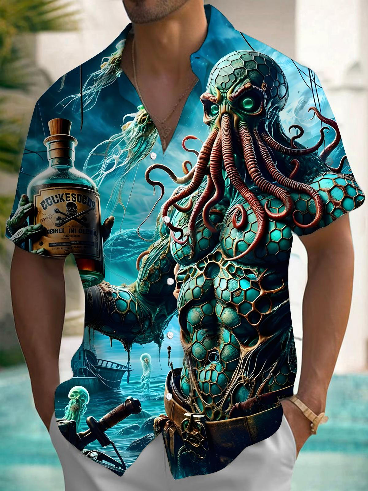 Octopus Pirate Print Men's Pocket Short Sleeve Shirts