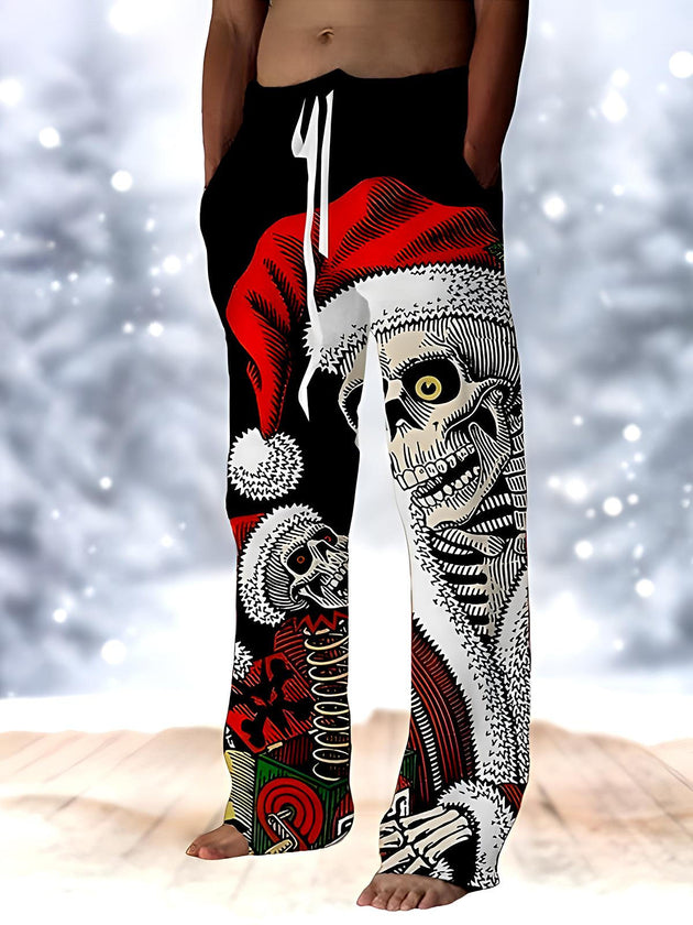 Men's black skull print casual pants front view for Christmas holiday party