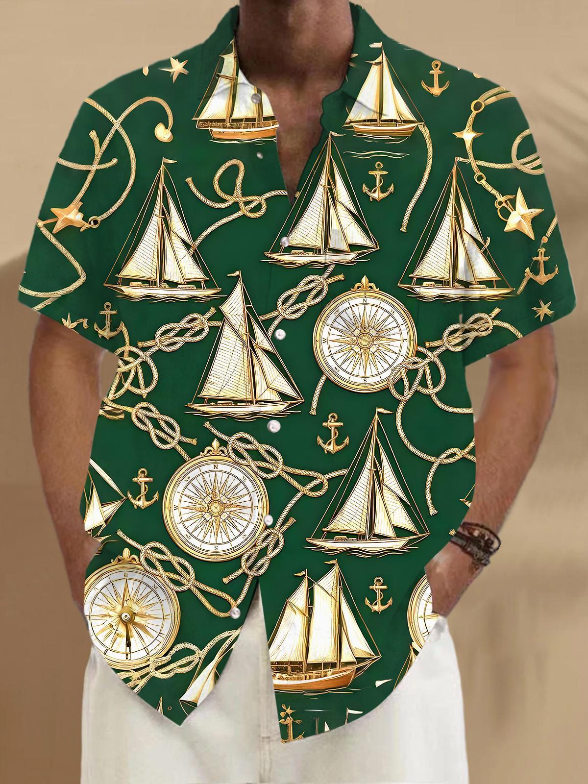 Retro Boat Compass Men's Pocket Short Sleeve Shirts