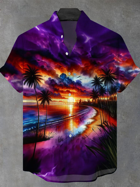 Men's blue Hawaiian short sleeve stand collar shirt front view for beach vacation