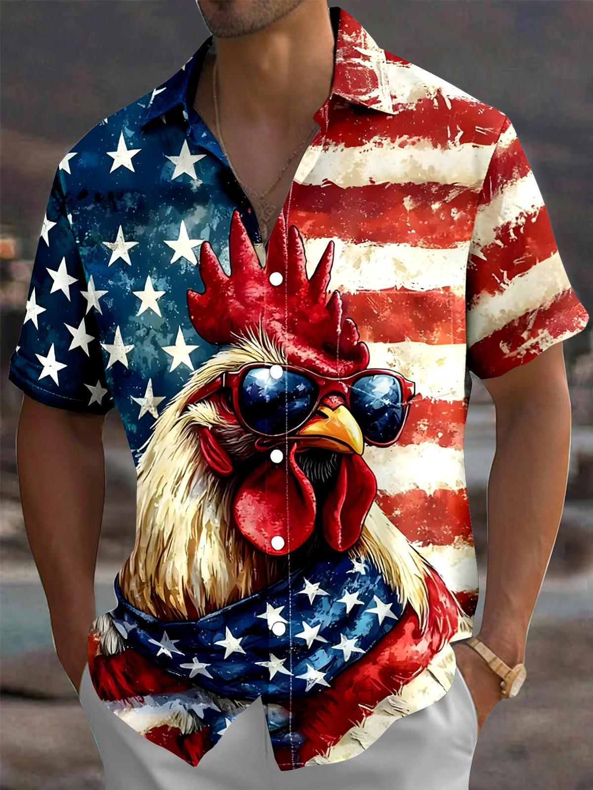 Chicken American Flag Men's Pocket Short Sleeve Shirts