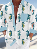 Hawaiian Seahorse Print Men's Long Sleeve Shirts With Pocket