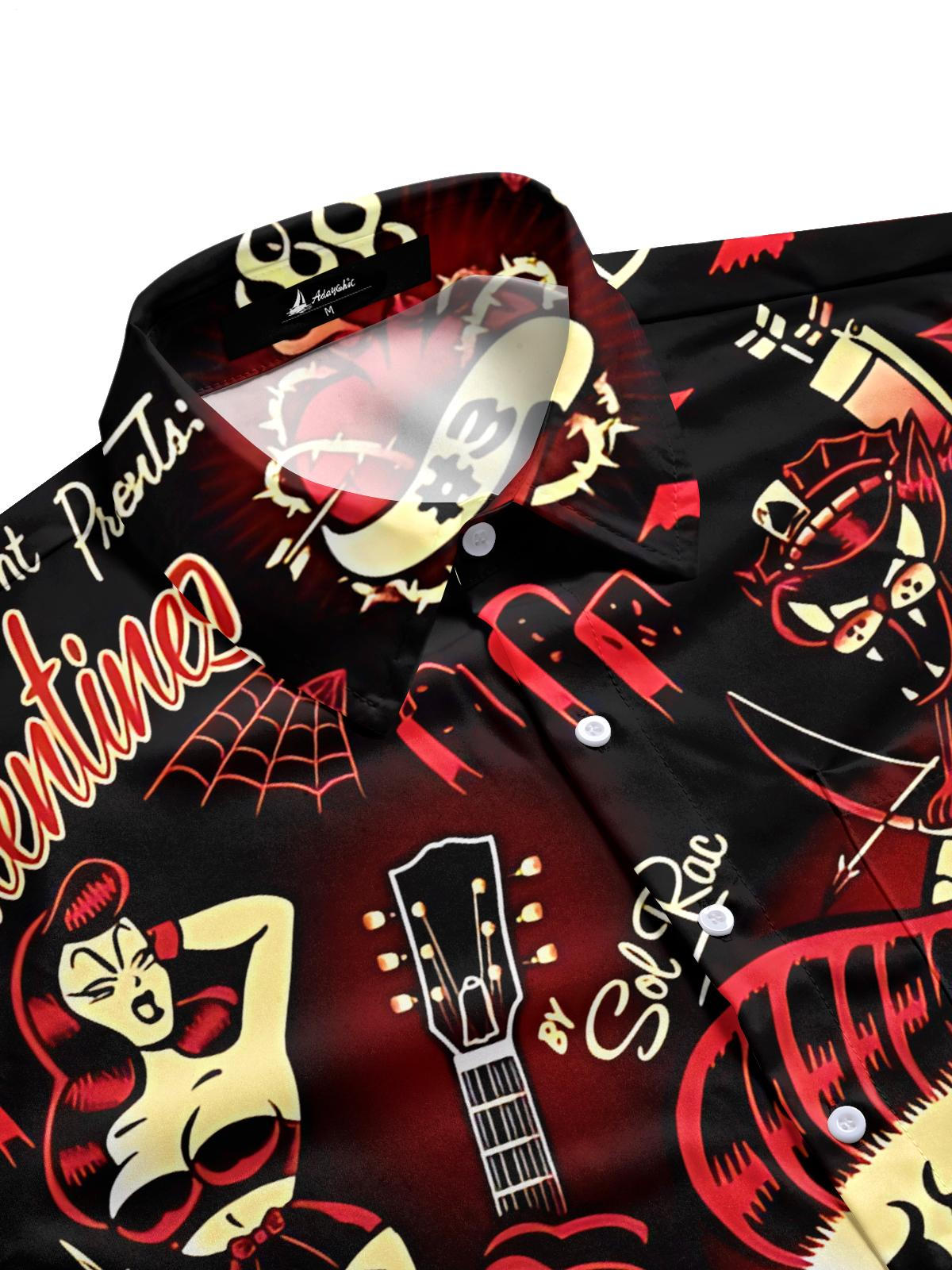 Rock Skull Print Men's Pocket Short Sleeve Shirts